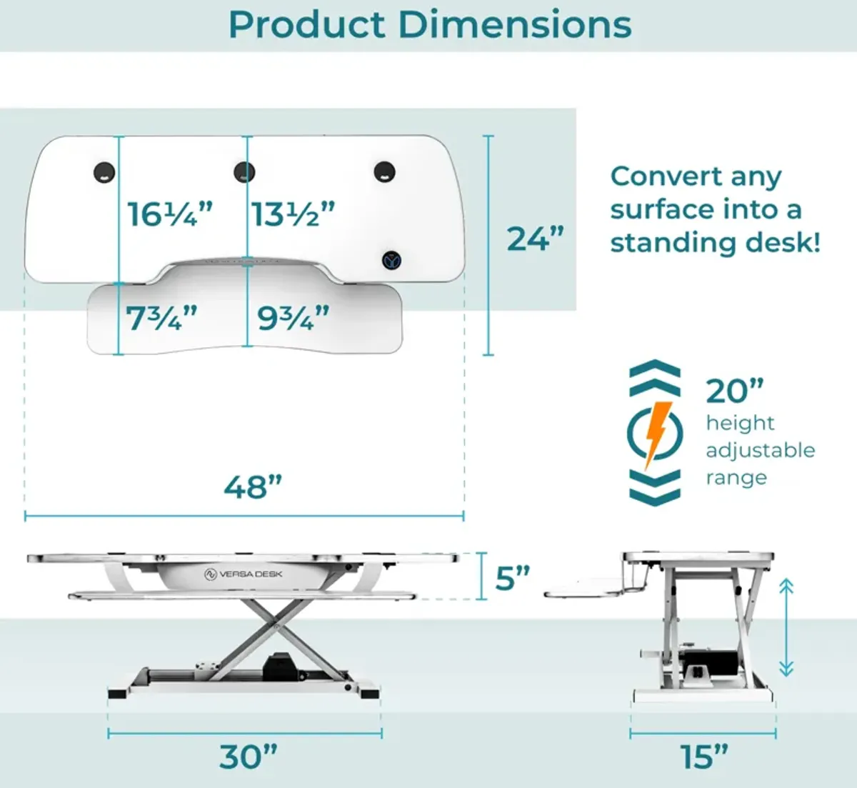 VersaDesk PowerPro® 48"W Electric Adjustable Standing Desk Converter, White