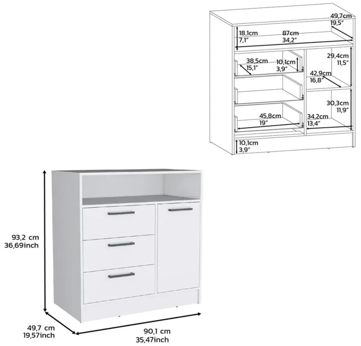 Dresser with Spacious 3-Drawer and Single-Door Storage Cabinet, White