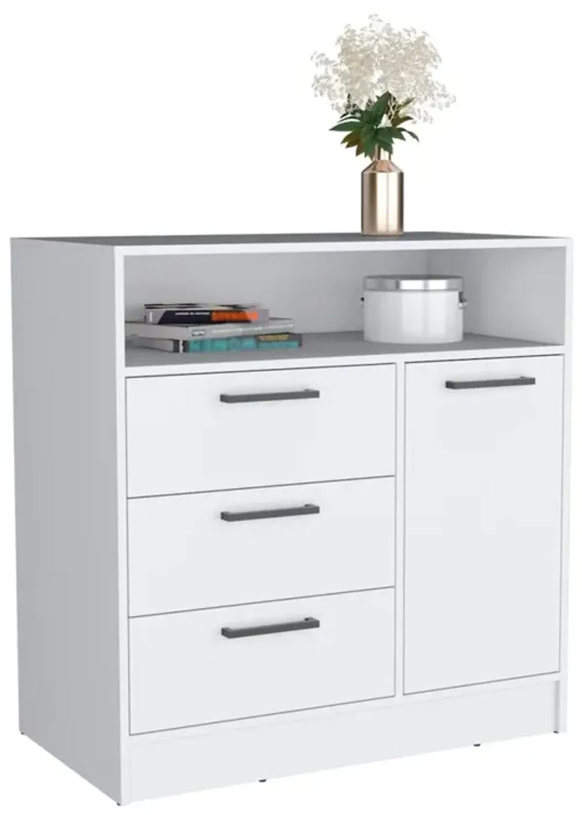 Dresser with Spacious 3-Drawer and Single-Door Storage Cabinet, White