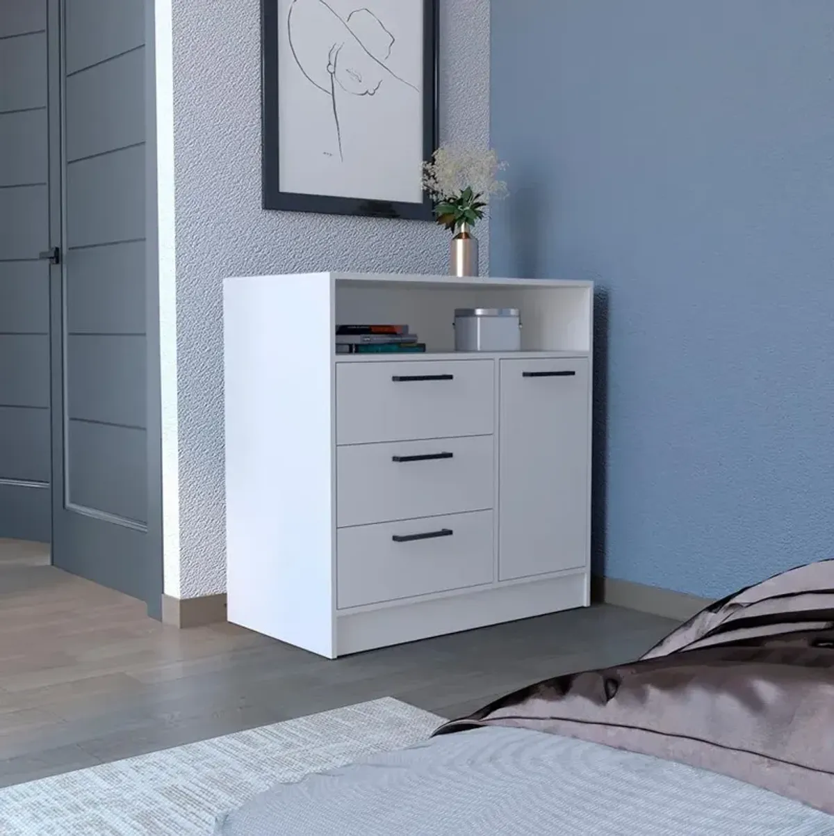 Dresser with Spacious 3-Drawer and Single-Door Storage Cabinet, White