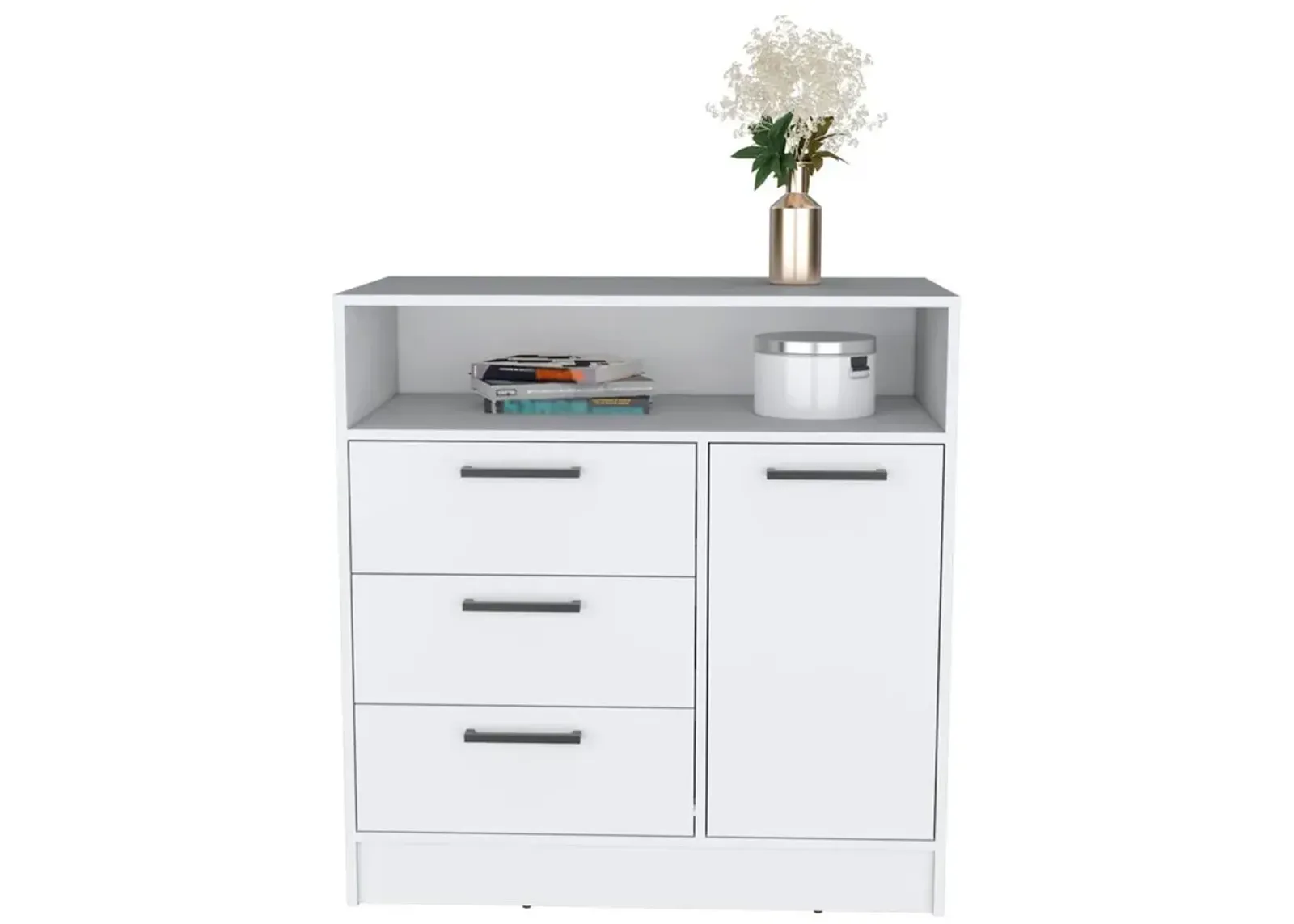 Dresser with Spacious 3-Drawer and Single-Door Storage Cabinet, White