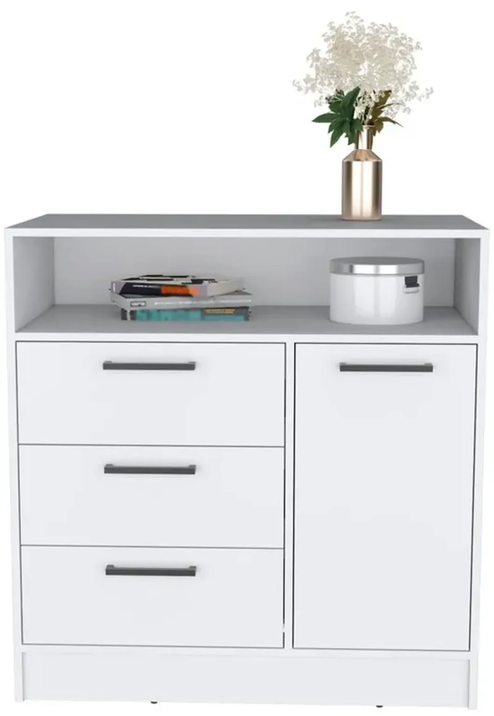 Dresser with Spacious 3-Drawer and Single-Door Storage Cabinet, White