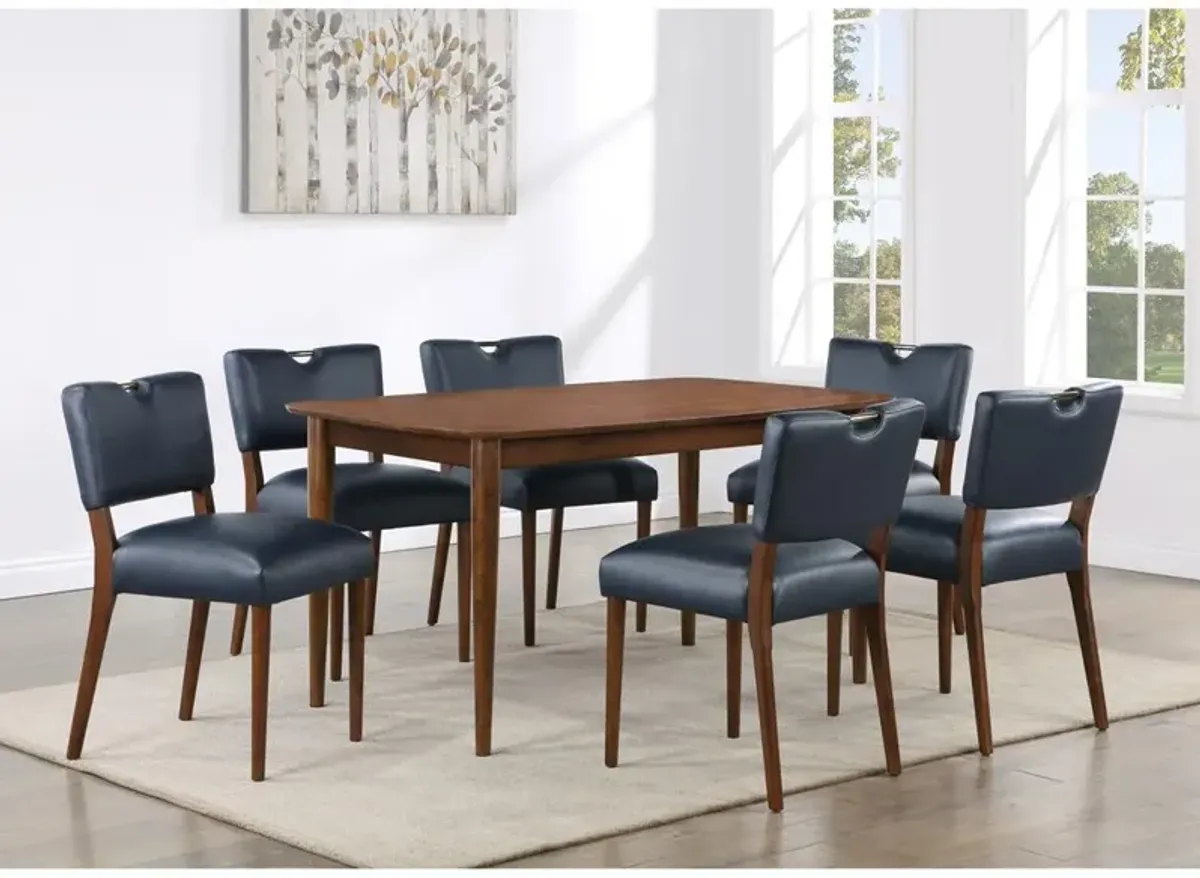 Comfort Pointe Bonito Midnight Blue Faux Leather 7PC Dining Set in Walnut Finish