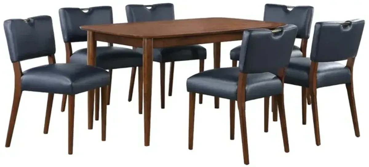 Comfort Pointe Bonito Midnight Blue Faux Leather 7PC Dining Set in Walnut Finish