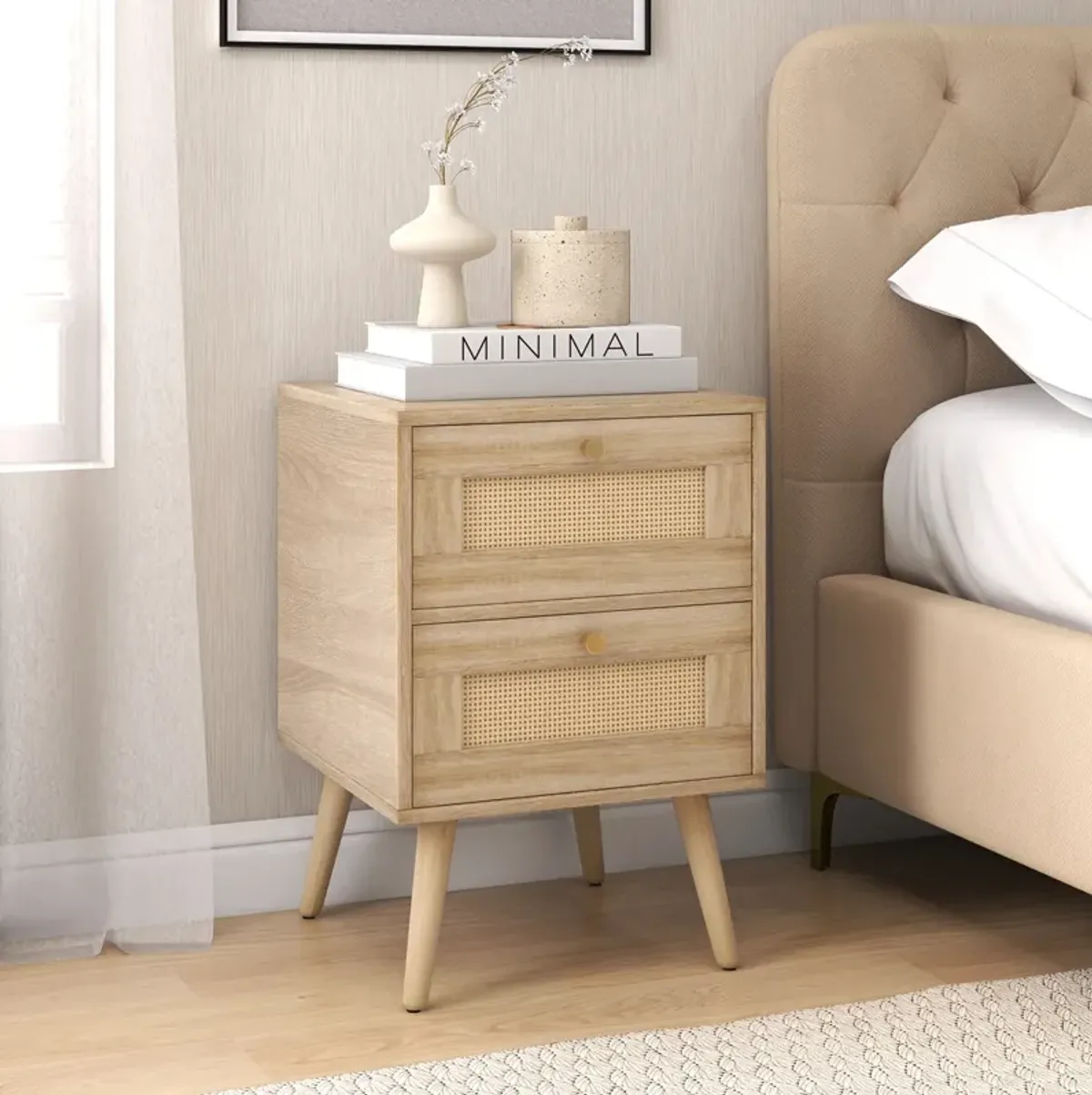 Rattan Nightstand Boho Accent Bedside Table with 2 Storage Drawers