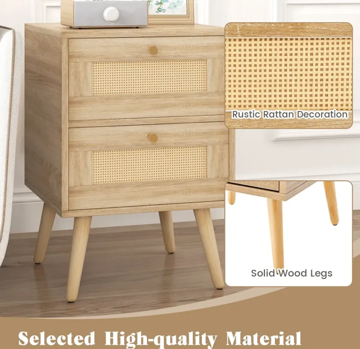 Rattan Nightstand Boho Accent Bedside Table with 2 Storage Drawers