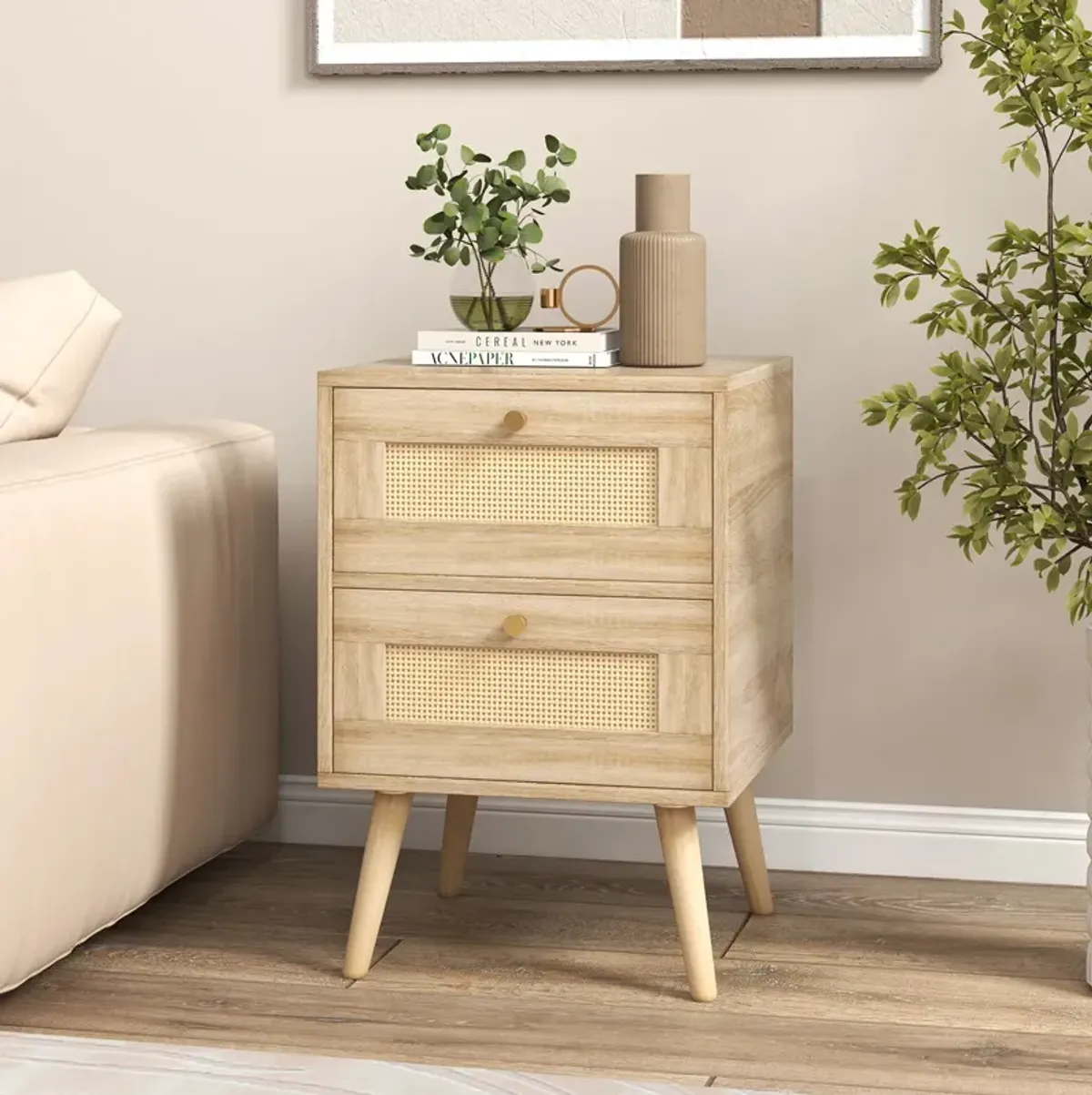 Rattan Nightstand Boho Accent Bedside Table with 2 Storage Drawers