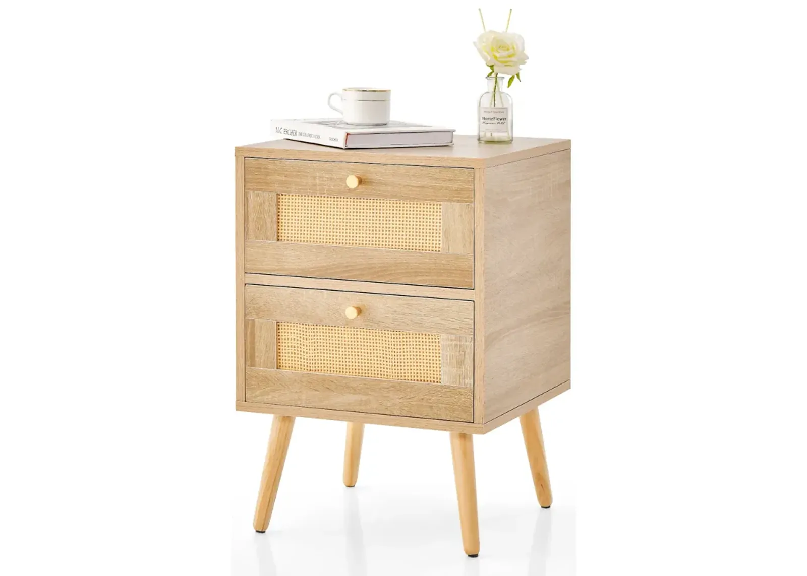 Rattan Nightstand Boho Accent Bedside Table with 2 Storage Drawers