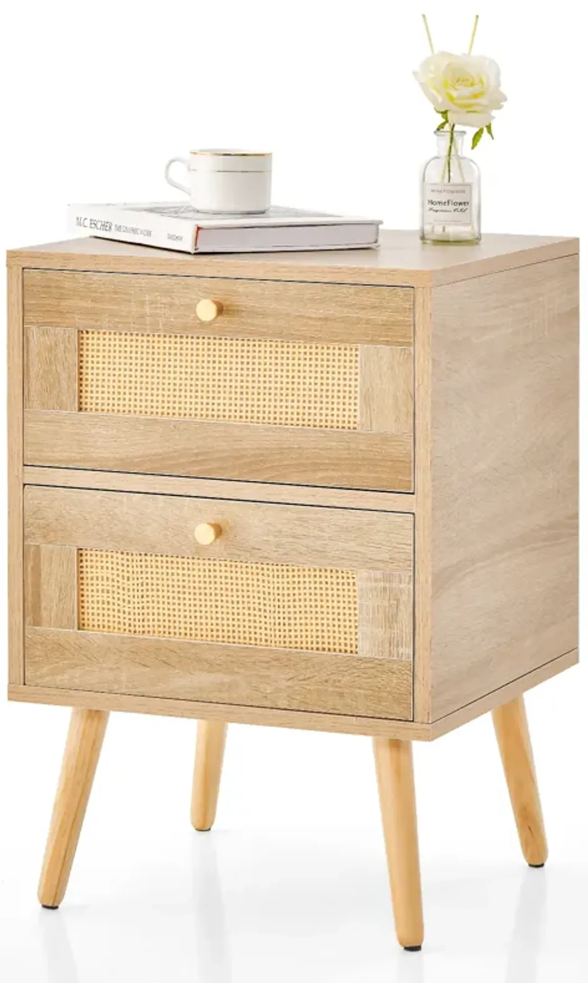 Rattan Nightstand Boho Accent Bedside Table with 2 Storage Drawers