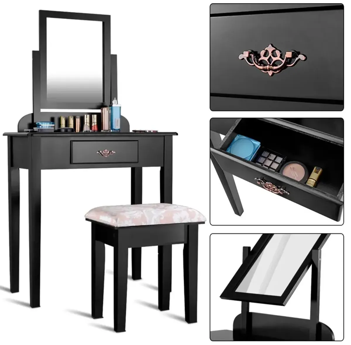 Vanity Dressing Table Stool Set with Large Makeup Mirror