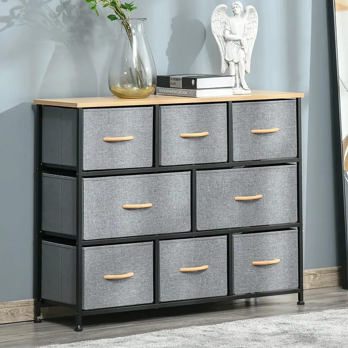 Light Gray Bedroom Storage: 8-Drawer Fabric Dresser with Steel Frame