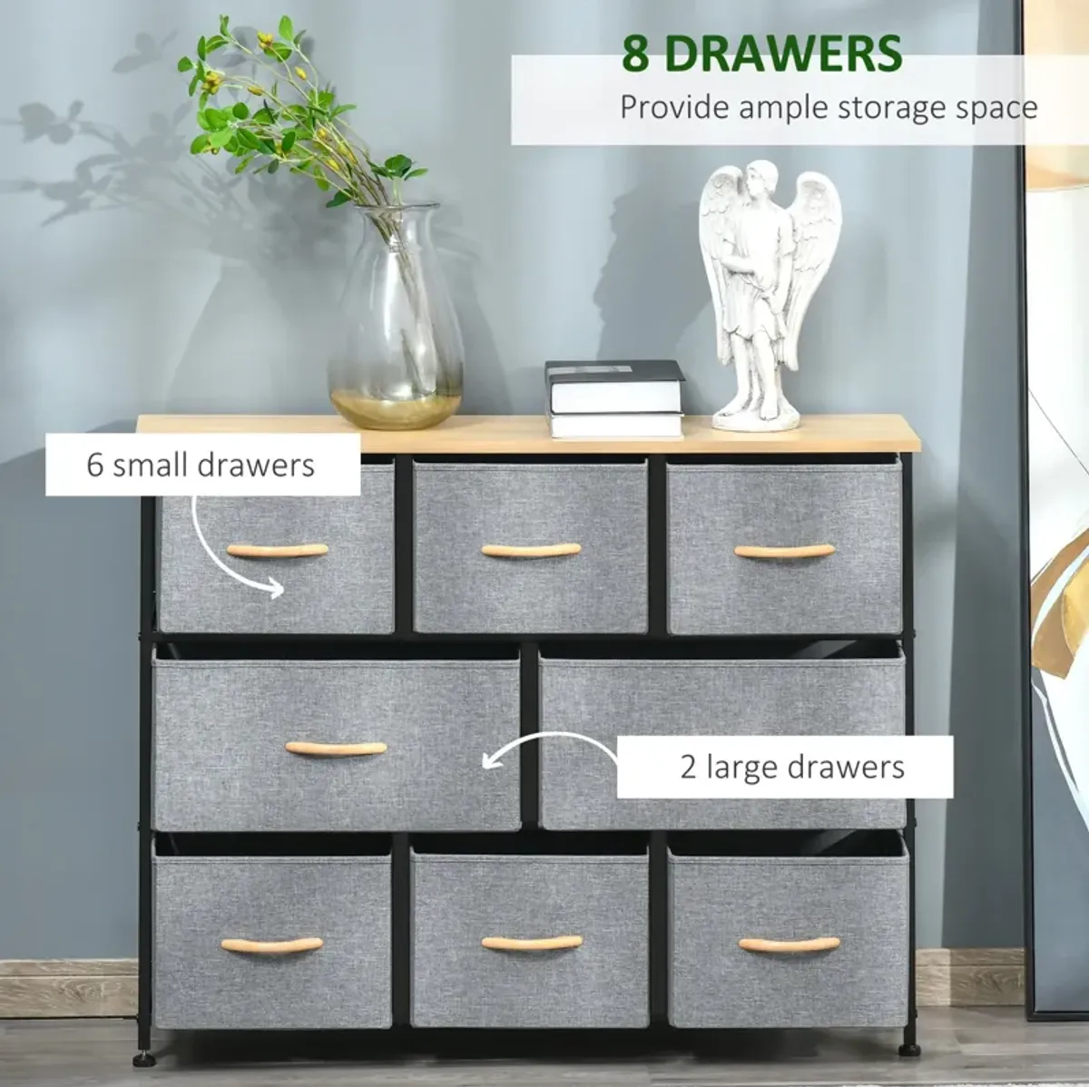 Light Gray Bedroom Storage: 8-Drawer Fabric Dresser with Steel Frame