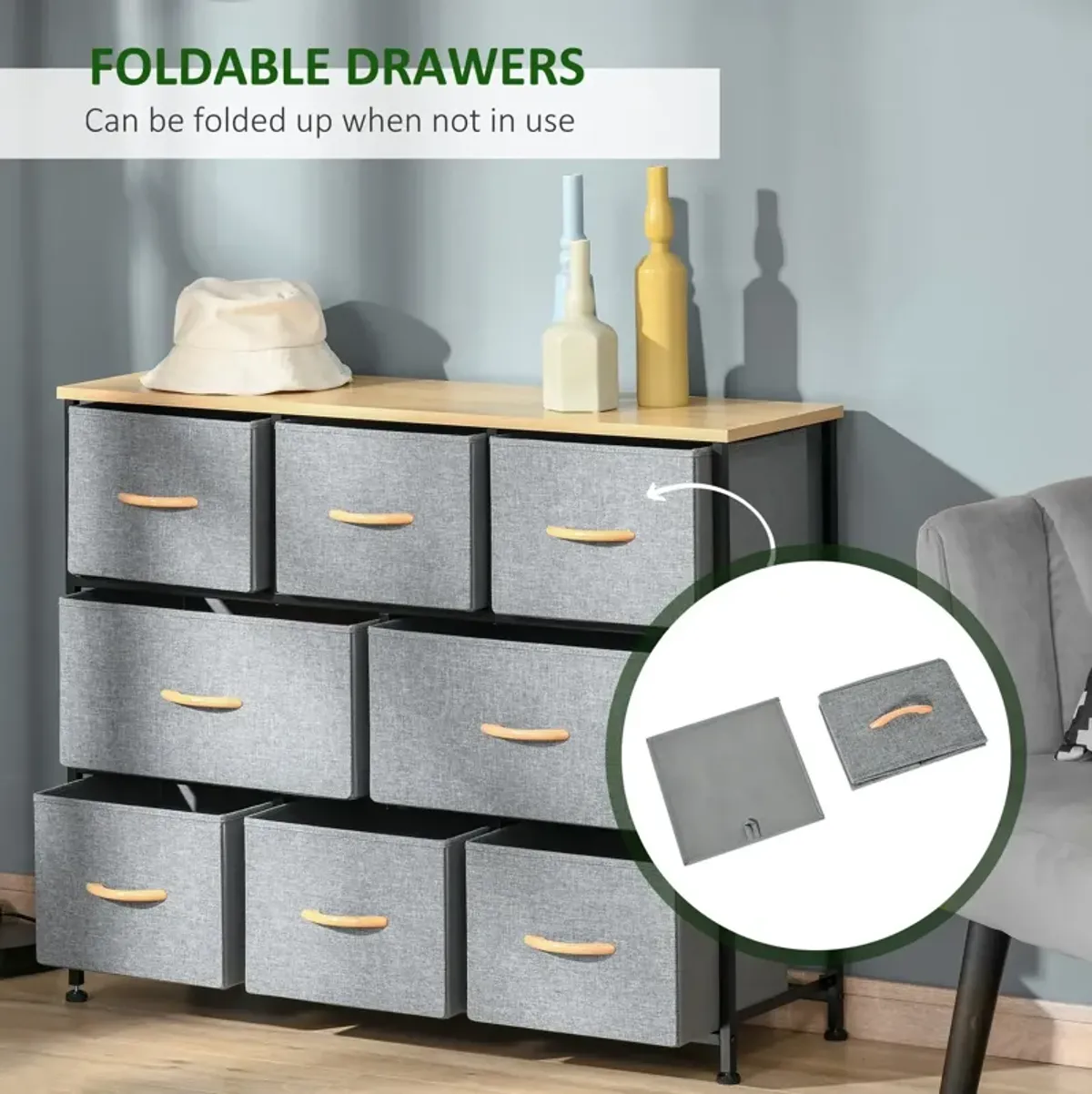 Light Gray Bedroom Storage: 8-Drawer Fabric Dresser with Steel Frame