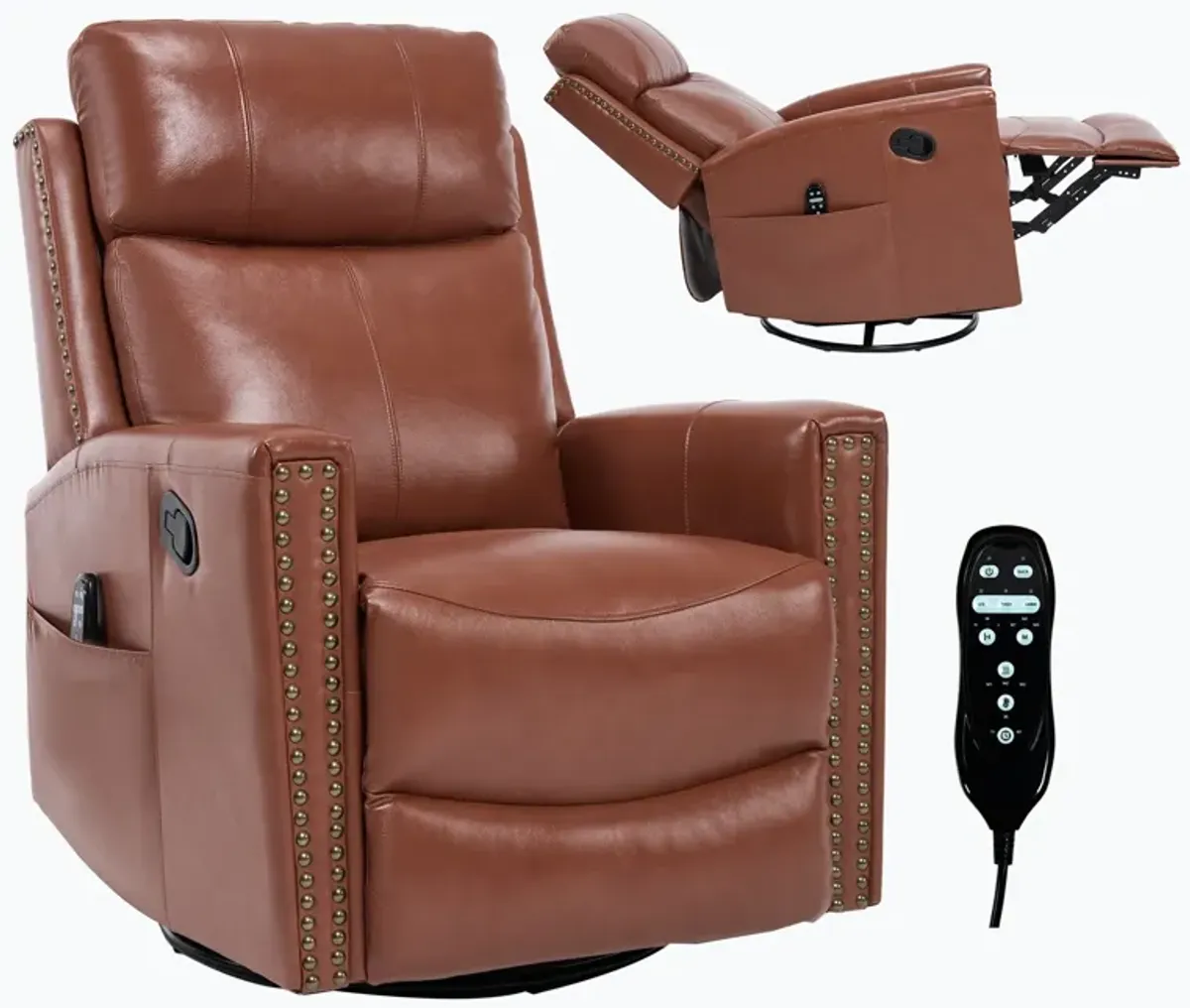 Camel Brown Genuine Leather Heat Massage Manual Recliner Chair with Rocker and Swivel for Living Room