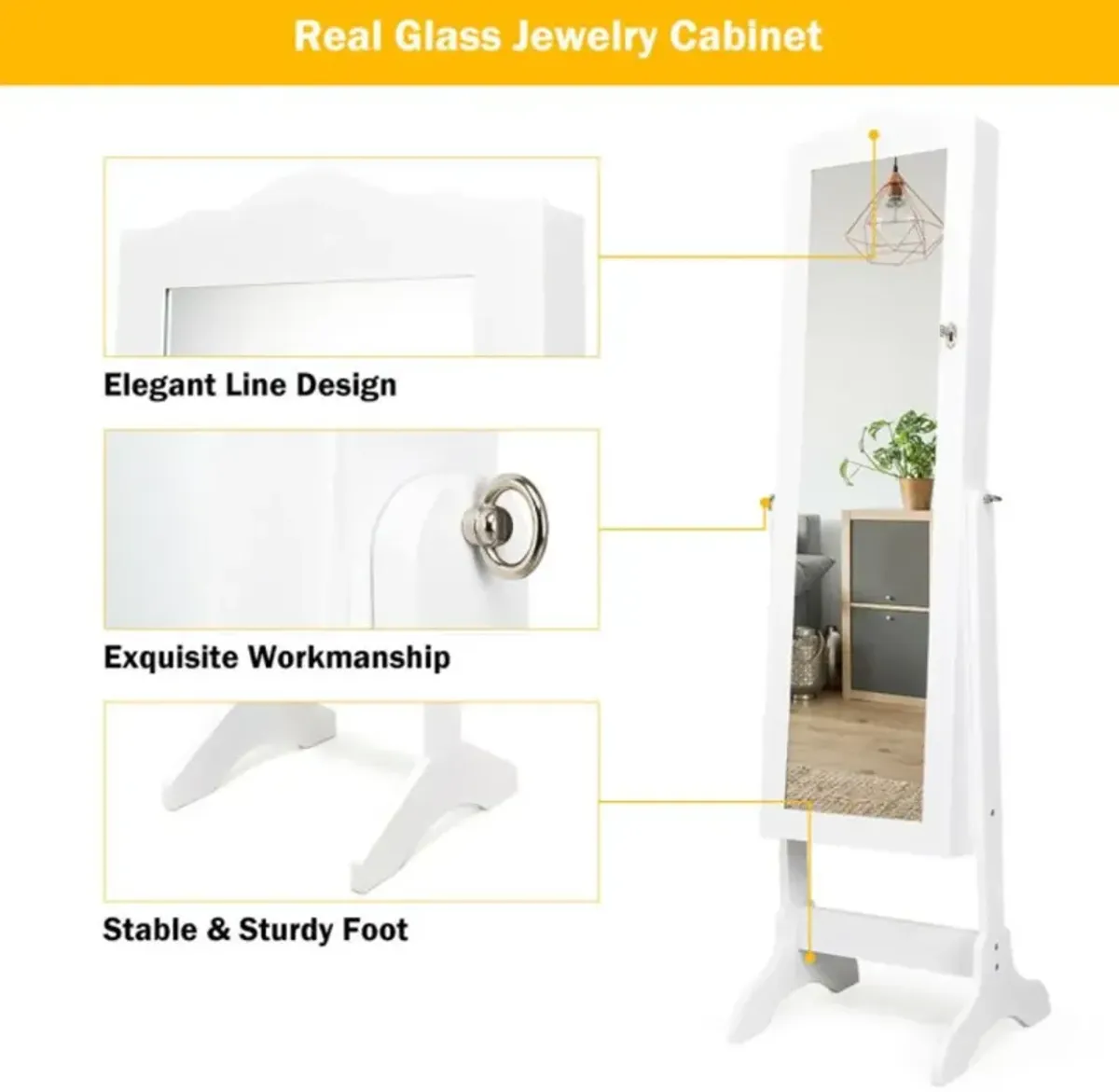 Hivvago 4-Angle Tilting Mirrored Lockable Jewelry Cabinet with Large Storage Capacity-White