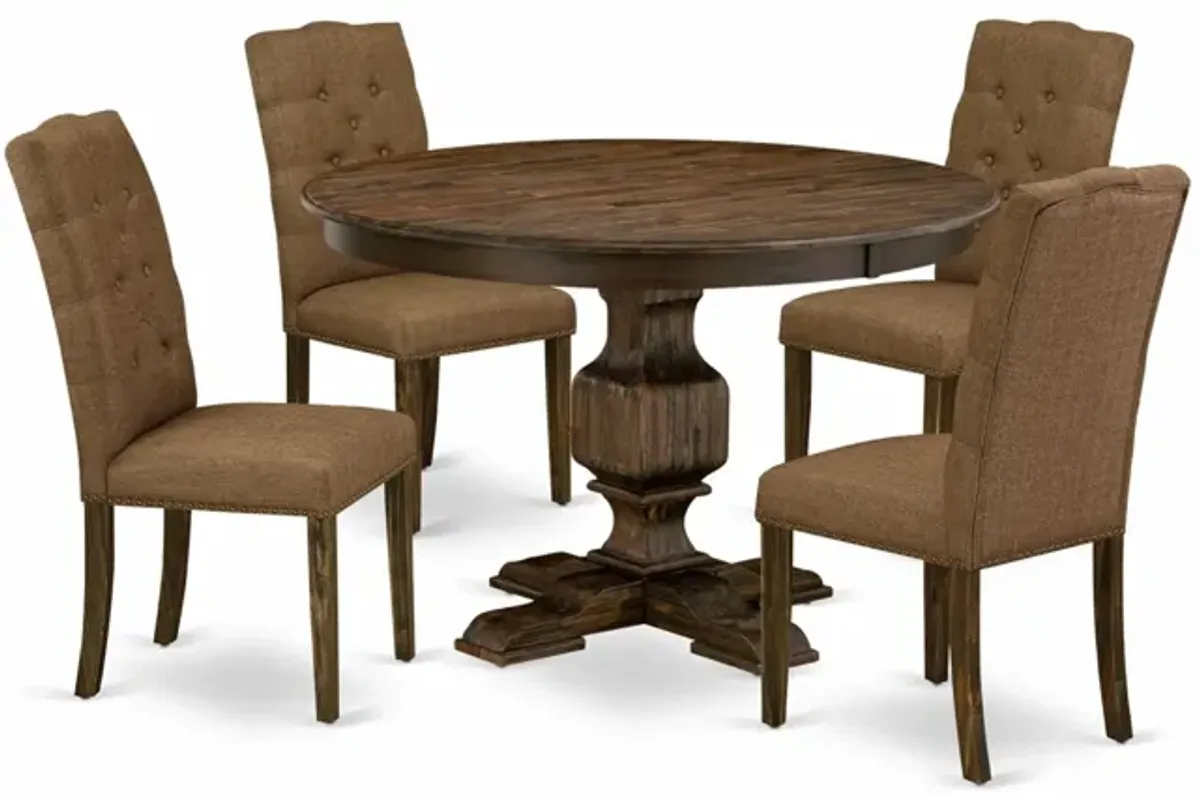 East West Furniture F3EL5-718 5Pc Dining Set - Round Table and 4 Parson Chairs - Distressed Jacobean Color