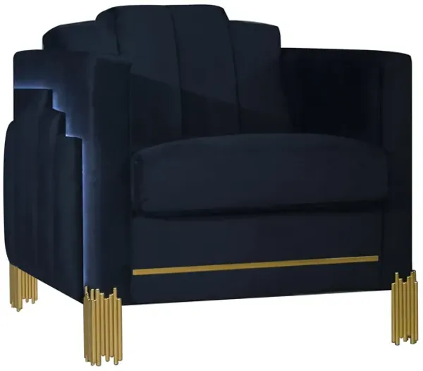 Theo Accent Chair, Black Velvet, Blue LED Lights, Gold Metal Legs - Benzara