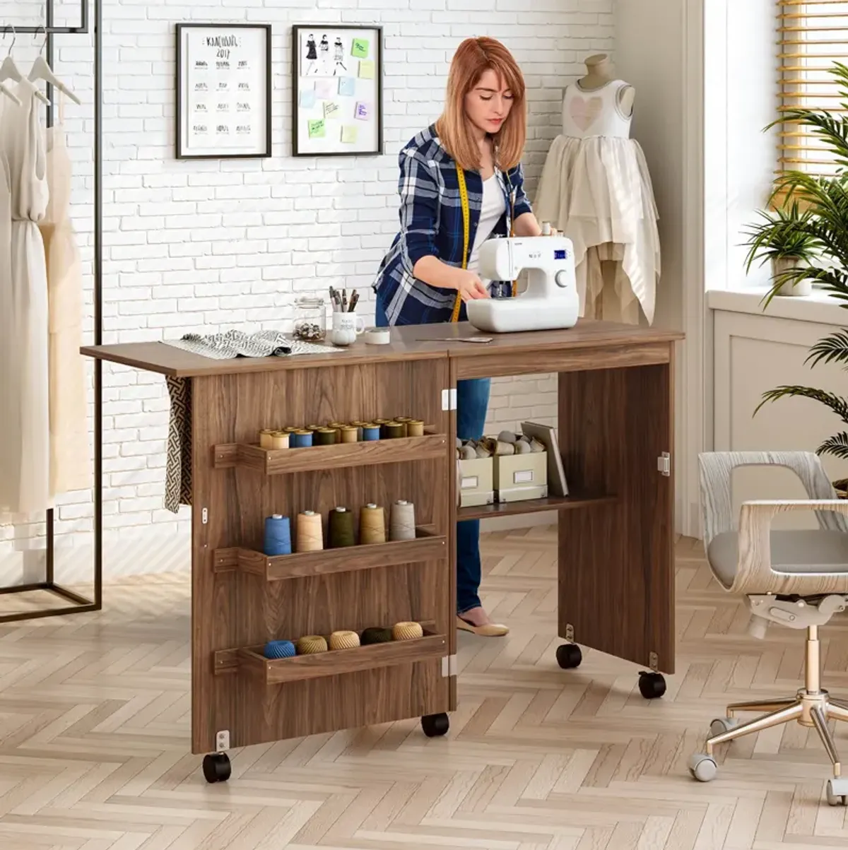 Folding Swing Craft Table with Storage Shelves and Cabinet for Organizing Supplies