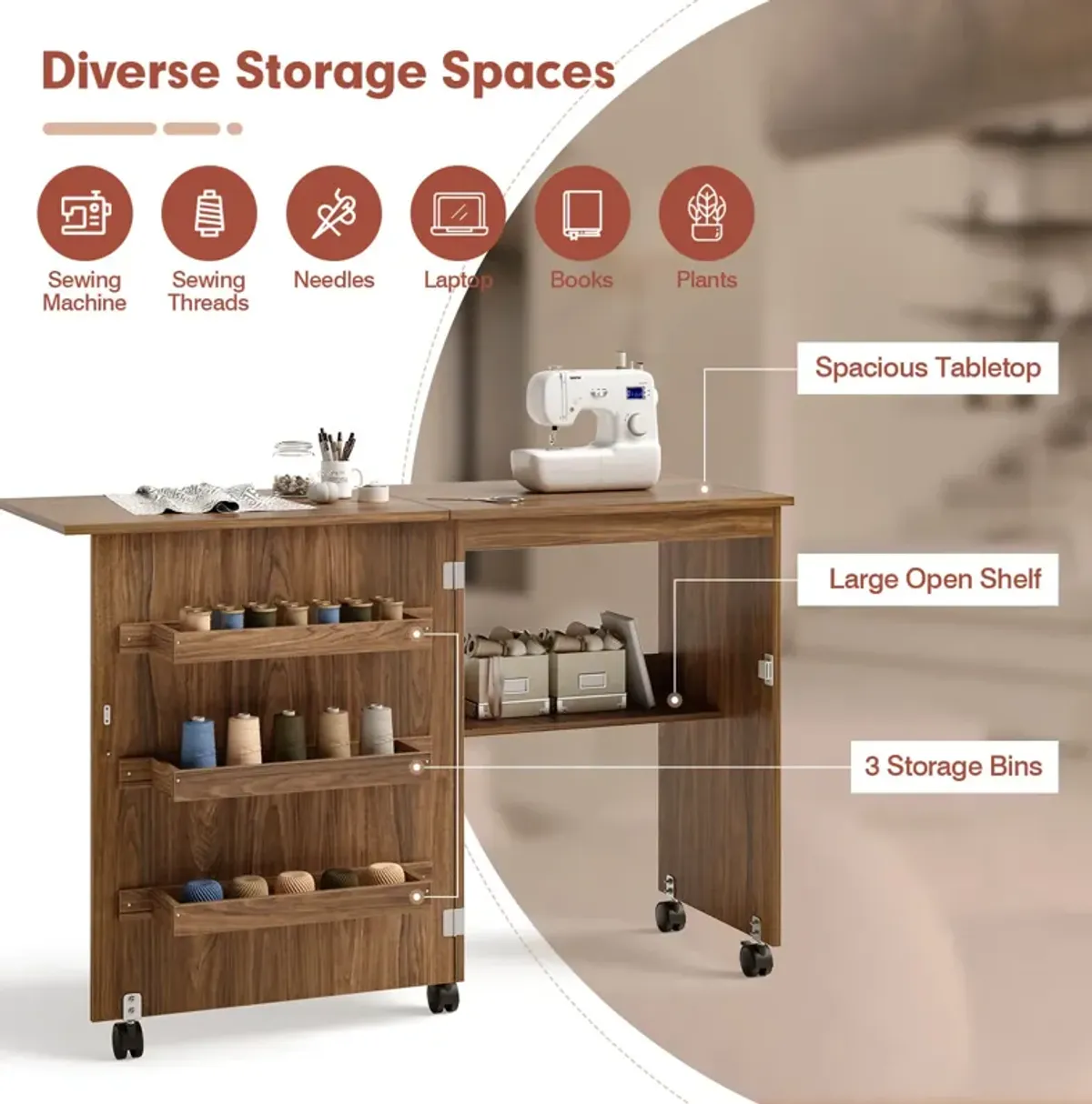 Folding Swing Craft Table with Storage Shelves and Cabinet for Organizing Supplies