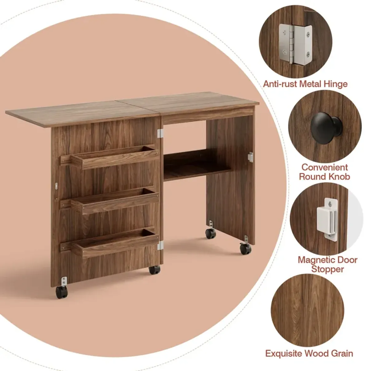 Folding Swing Craft Table with Storage Shelves and Cabinet for Organizing Supplies
