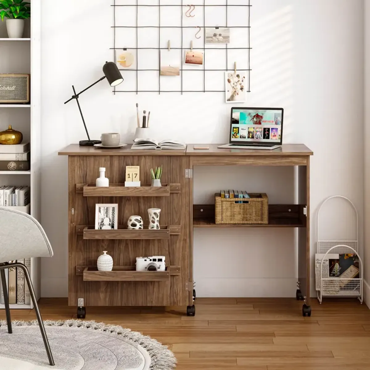Folding Swing Craft Table with Storage Shelves and Cabinet for Organizing Supplies