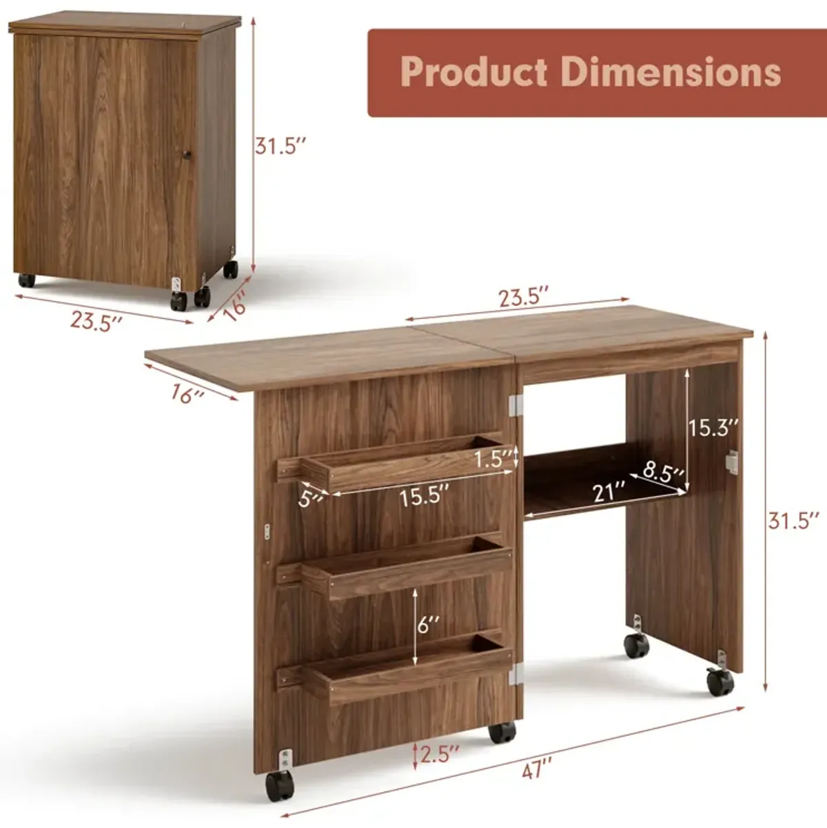 Folding Swing Craft Table with Storage Shelves and Cabinet for Organizing Supplies