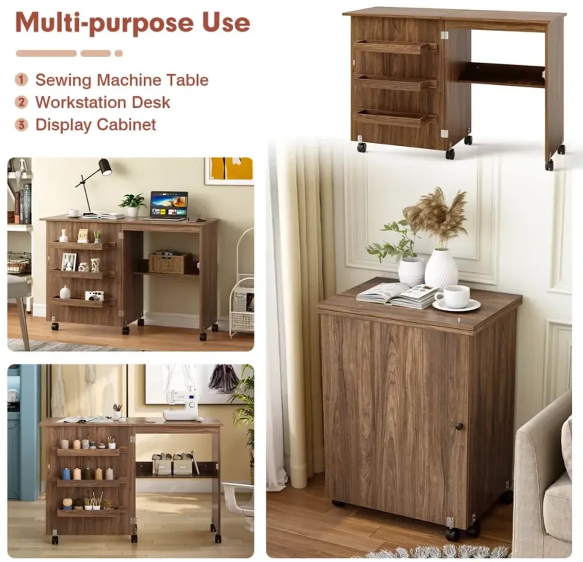 Folding Swing Craft Table with Storage Shelves and Cabinet for Organizing Supplies