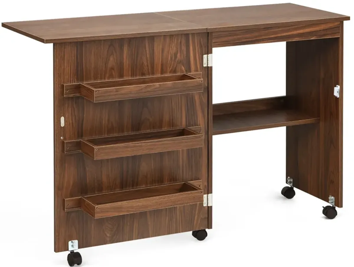 Folding Swing Craft Table with Storage Shelves and Cabinet for Organizing Supplies