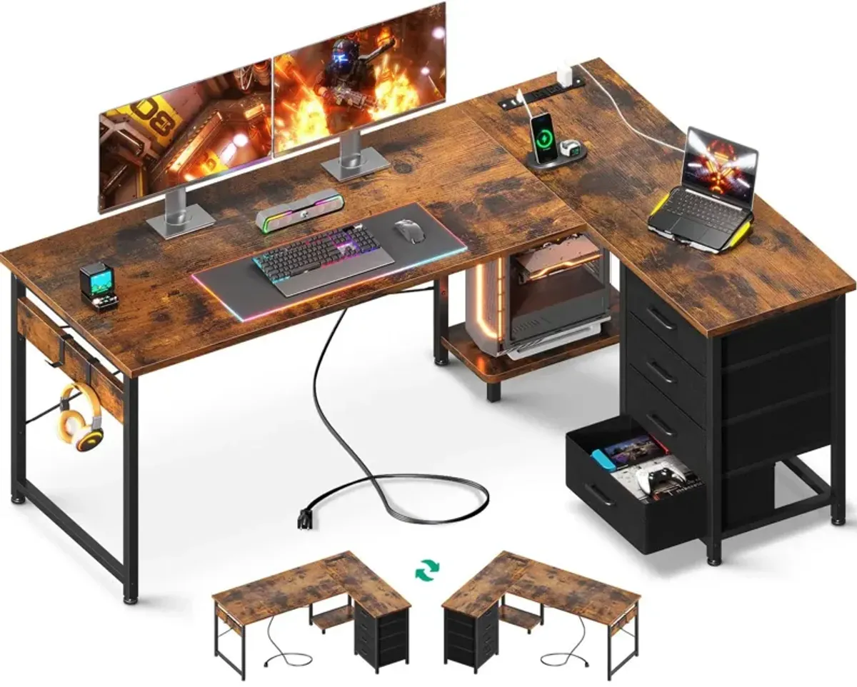 AODK L Shaped Desk with 4 Tier Drawers, 61 Reversible Gaming Desk with Power Outlets, L Shaped Computer Desk with USB Charging