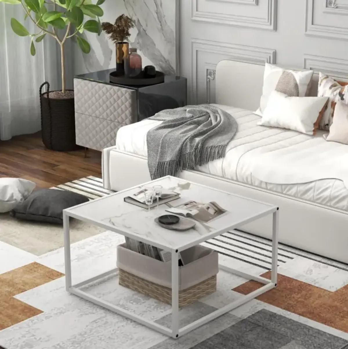 Hivvago Modern Square Coffee Table with Faux Marble Tabletop