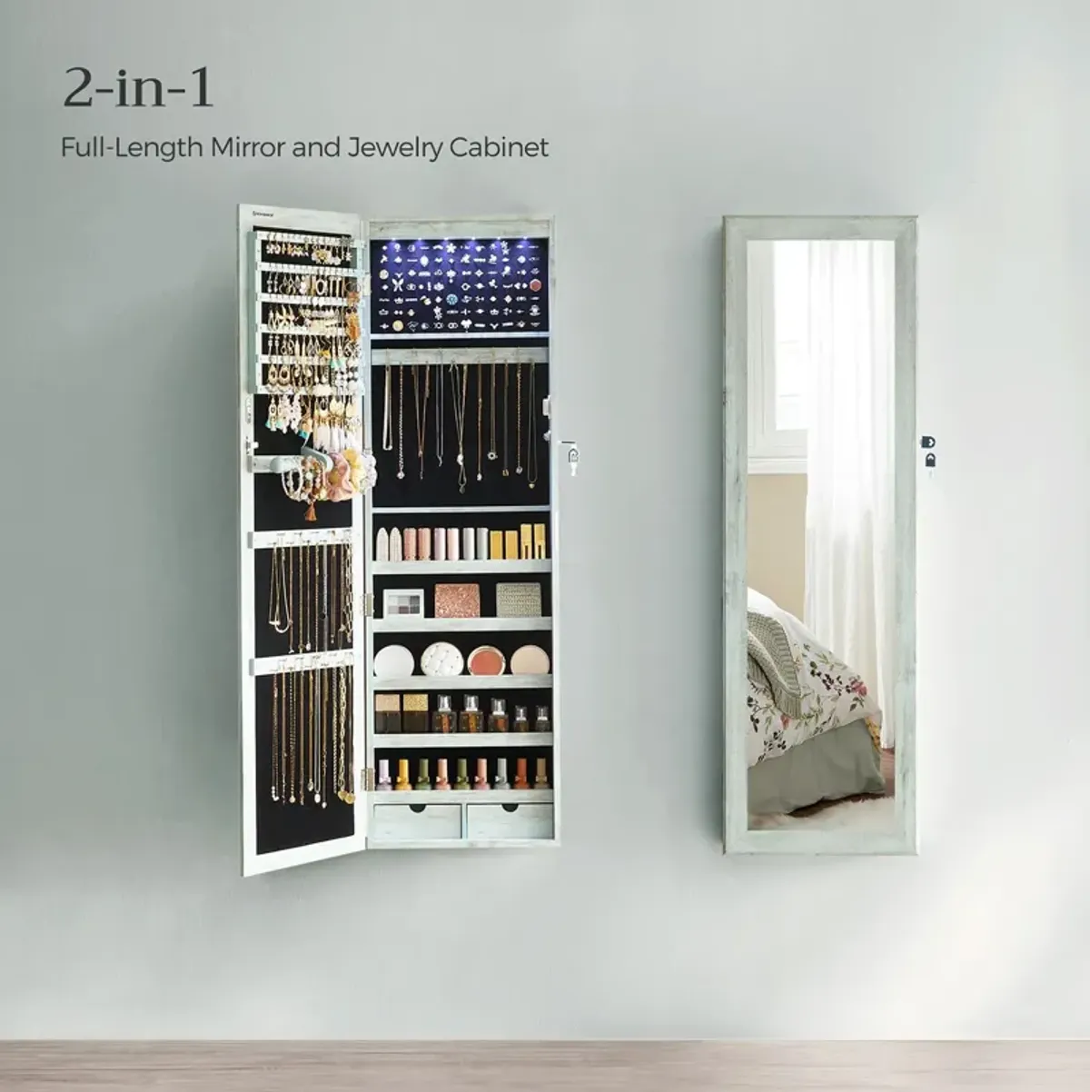 Wall/Door Mounted Jewelry Armoire 6-LED Mirror Cabinet with Lock, 2 Drawers, and Organizer