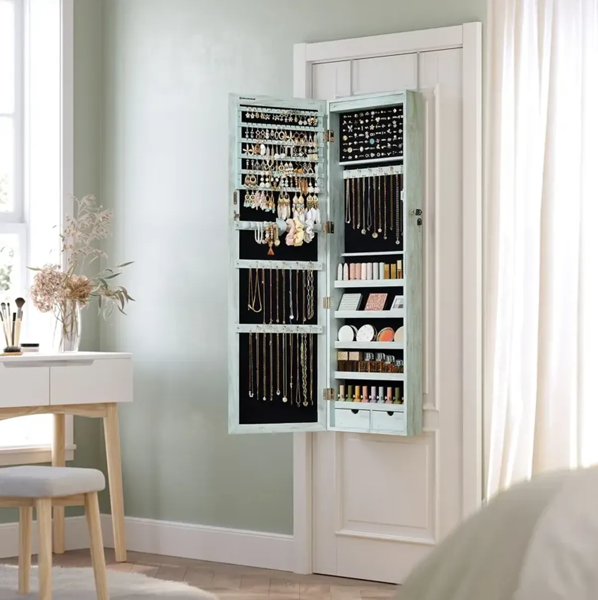 Wall/Door Mounted Jewelry Armoire 6-LED Mirror Cabinet with Lock, 2 Drawers, and Organizer