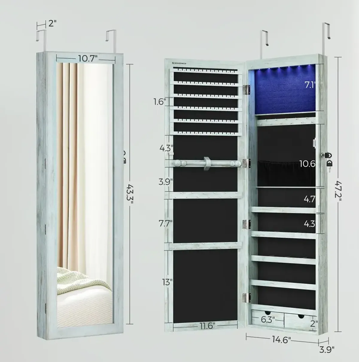 Wall/Door Mounted Jewelry Armoire 6-LED Mirror Cabinet with Lock, 2 Drawers, and Organizer