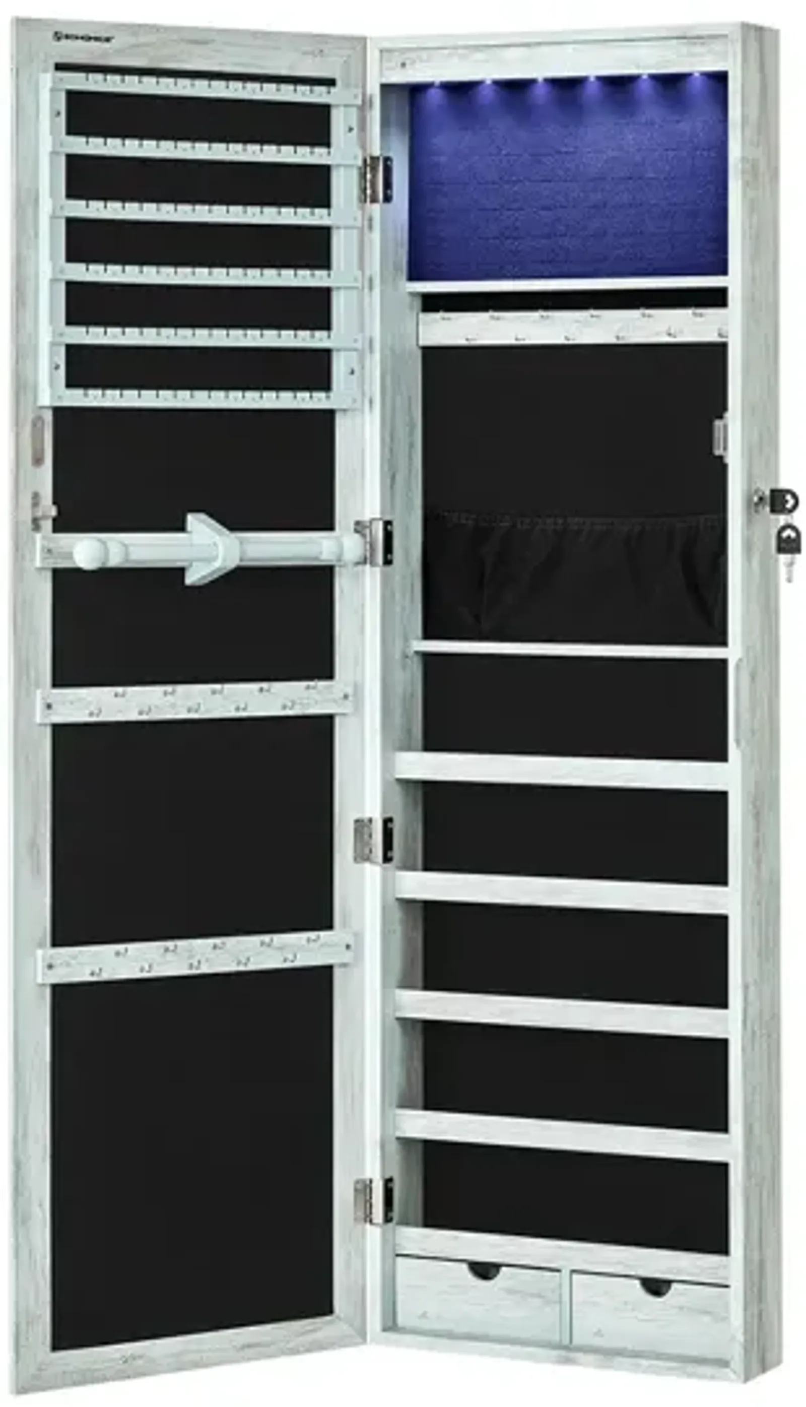 Wall/Door Mounted Jewelry Armoire 6-LED Mirror Cabinet with Lock, 2 Drawers, and Organizer