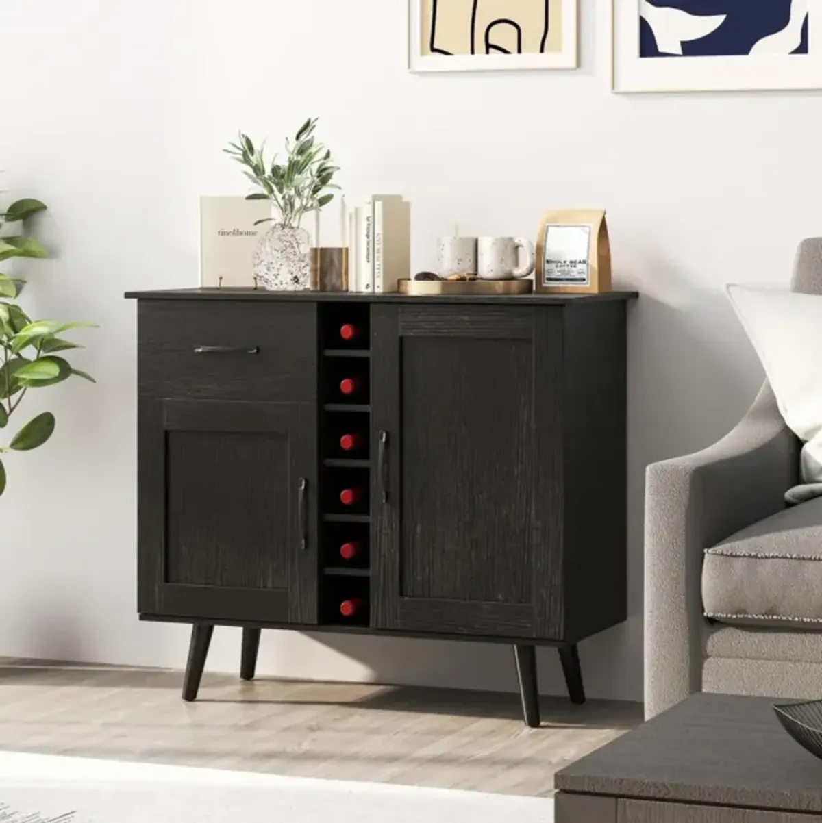 Hivvago Modern Wine Bar Buffet Cabinet with 6-Bottle Wine Rack