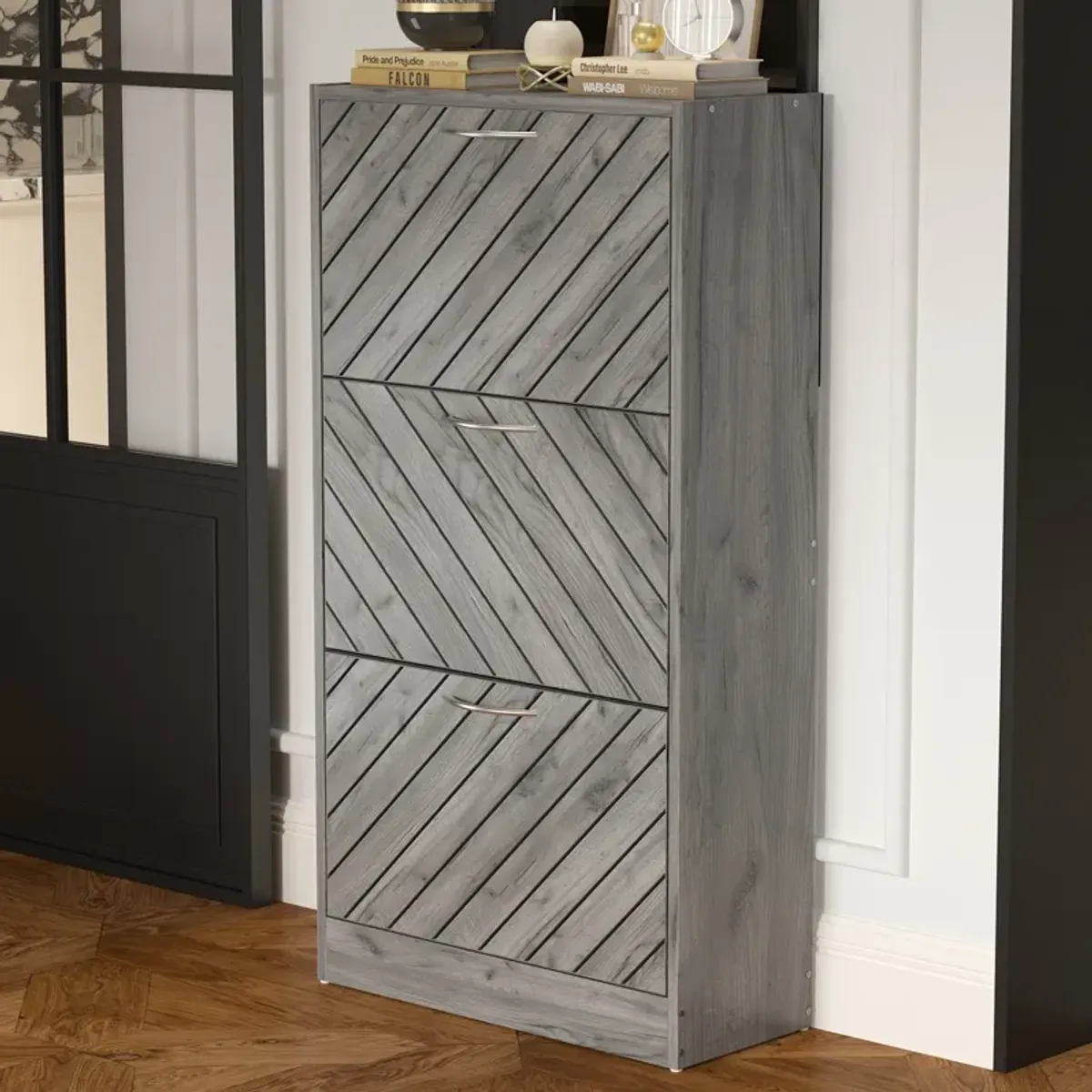 Gray 18-Pair Shoe Storage Cabinet with 3-Drawers and 6-Compartments and Wood Grain