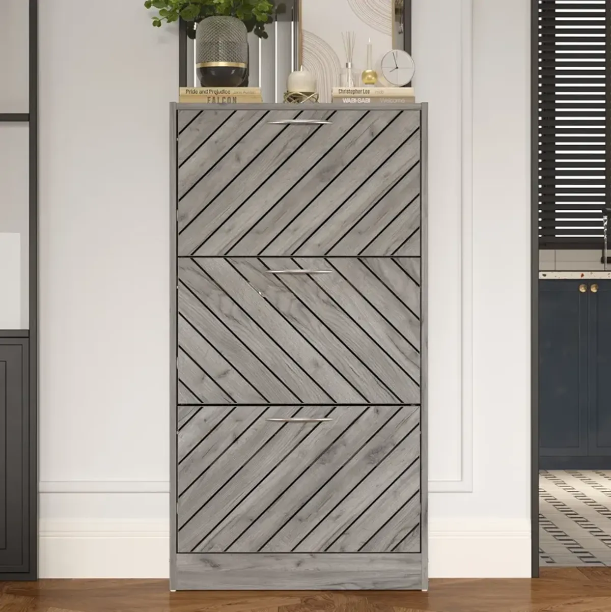 Gray 18-Pair Shoe Storage Cabinet with 3-Drawers and 6-Compartments and Wood Grain