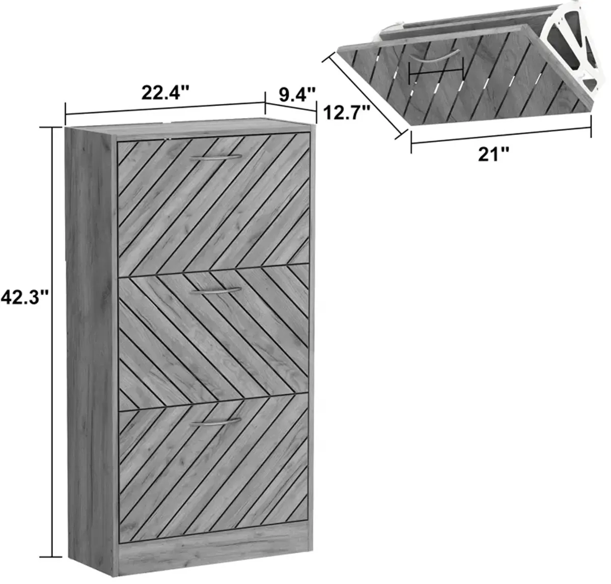 Gray 18-Pair Shoe Storage Cabinet with 3-Drawers and 6-Compartments and Wood Grain