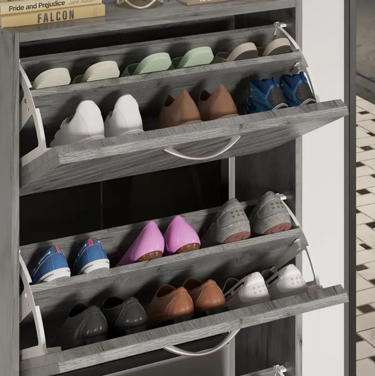 Gray 18-Pair Shoe Storage Cabinet with 3-Drawers and 6-Compartments and Wood Grain