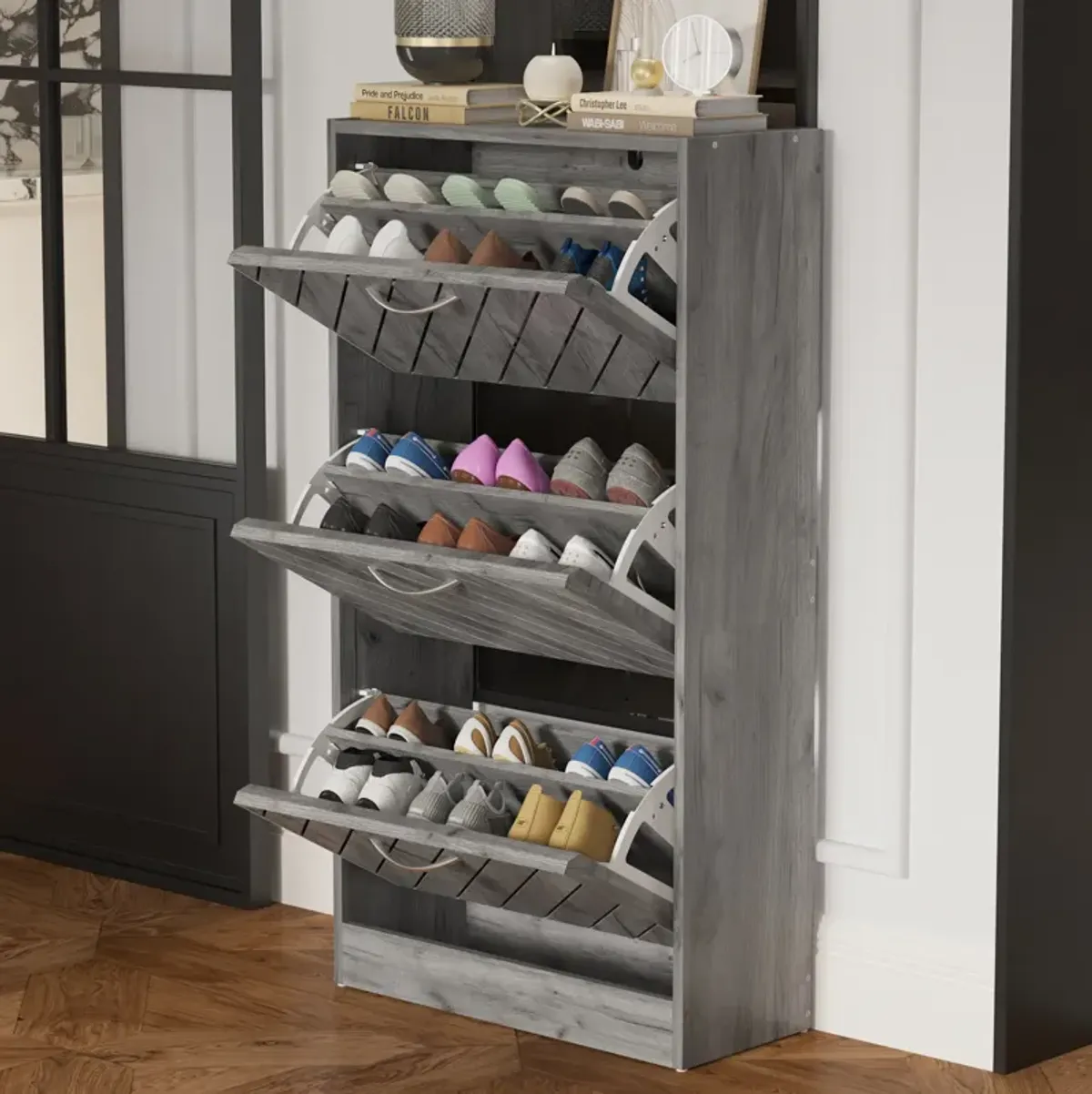 Gray 18-Pair Shoe Storage Cabinet with 3-Drawers and 6-Compartments and Wood Grain