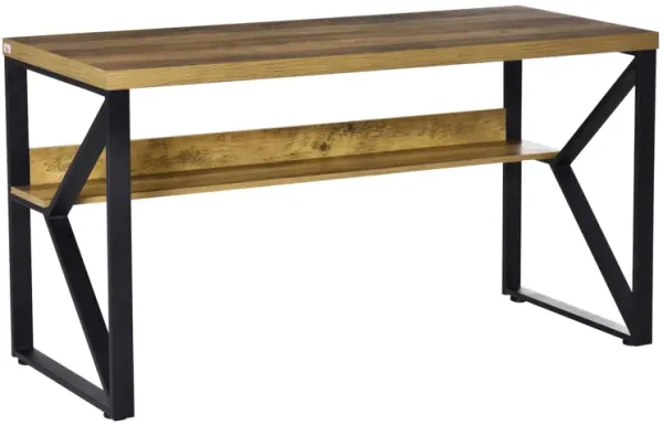 Industrial Computer Desk: 55" Black/Brown Workstation, K-Frame, Storage Shelf