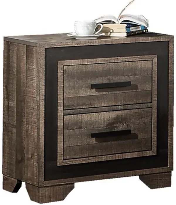Nny 26 Inch Nightstand with 2 Drawers, Black Handles, Brown Wood Finish - Benzara