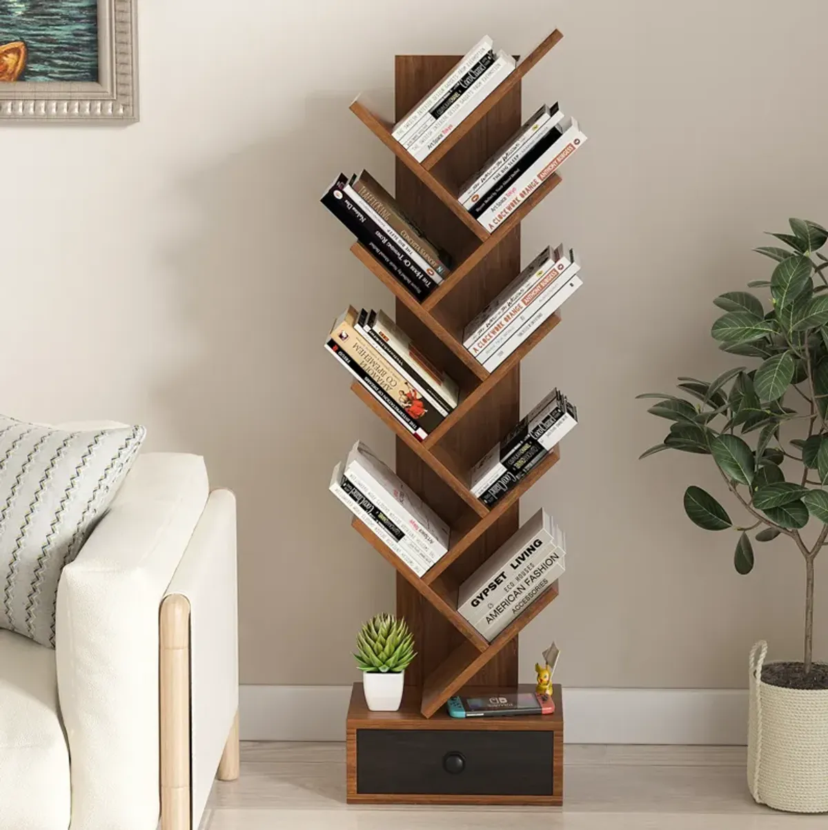 10-Tier Tree Bookshelf with Drawer and Anti-Tipping Kit