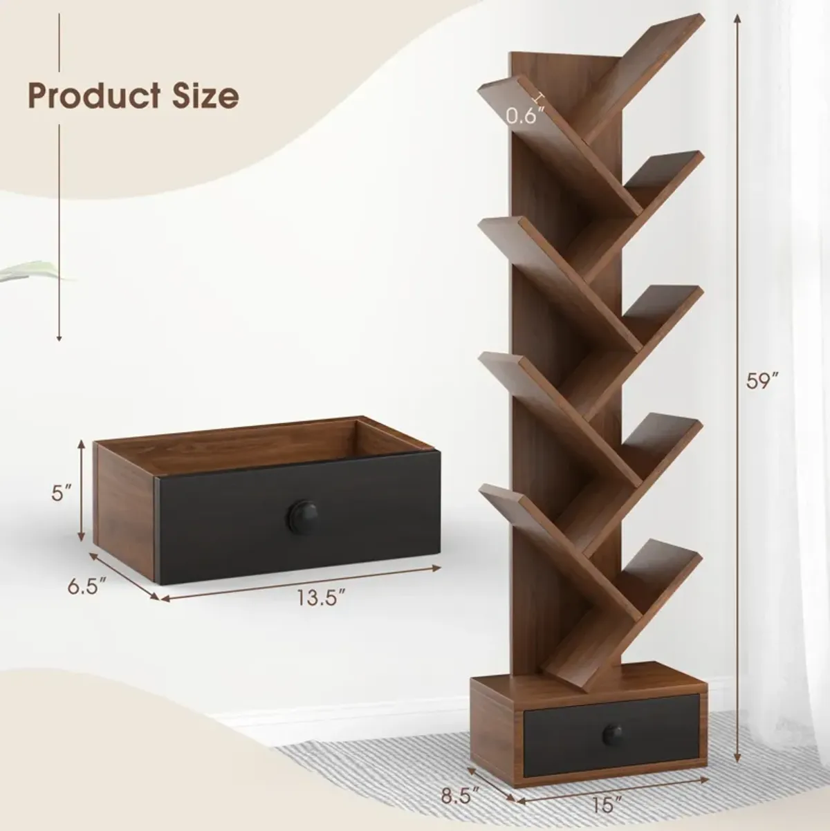 10-Tier Tree Bookshelf with Drawer and Anti-Tipping Kit