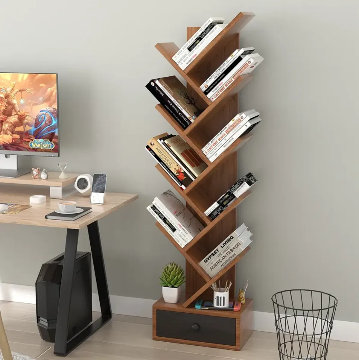 10-Tier Tree Bookshelf with Drawer and Anti-Tipping Kit