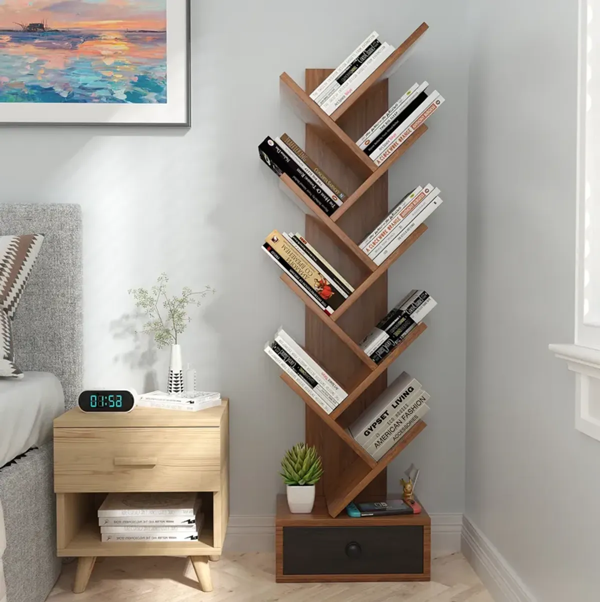 10-Tier Tree Bookshelf with Drawer and Anti-Tipping Kit