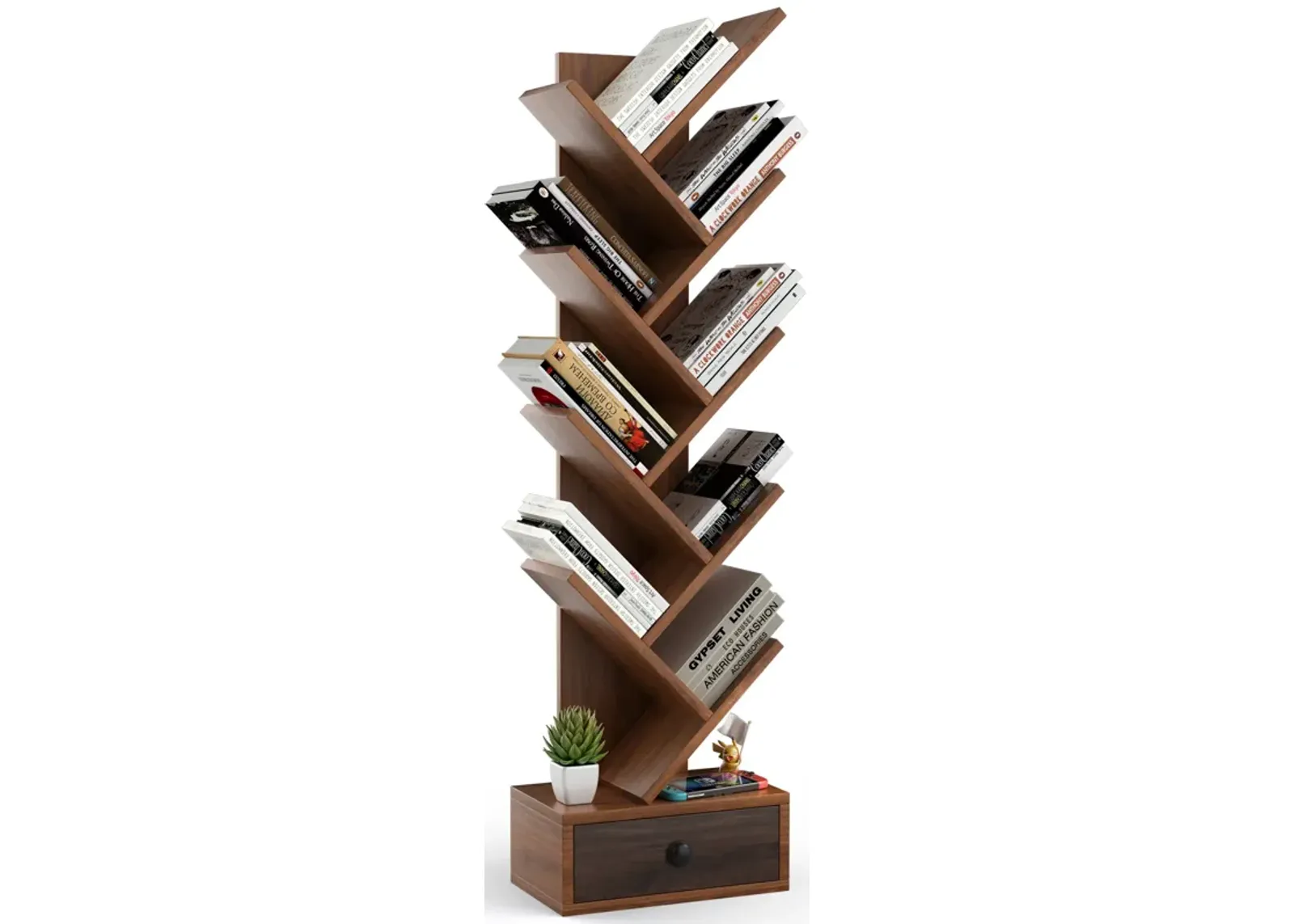 10-Tier Tree Bookshelf with Drawer and Anti-Tipping Kit