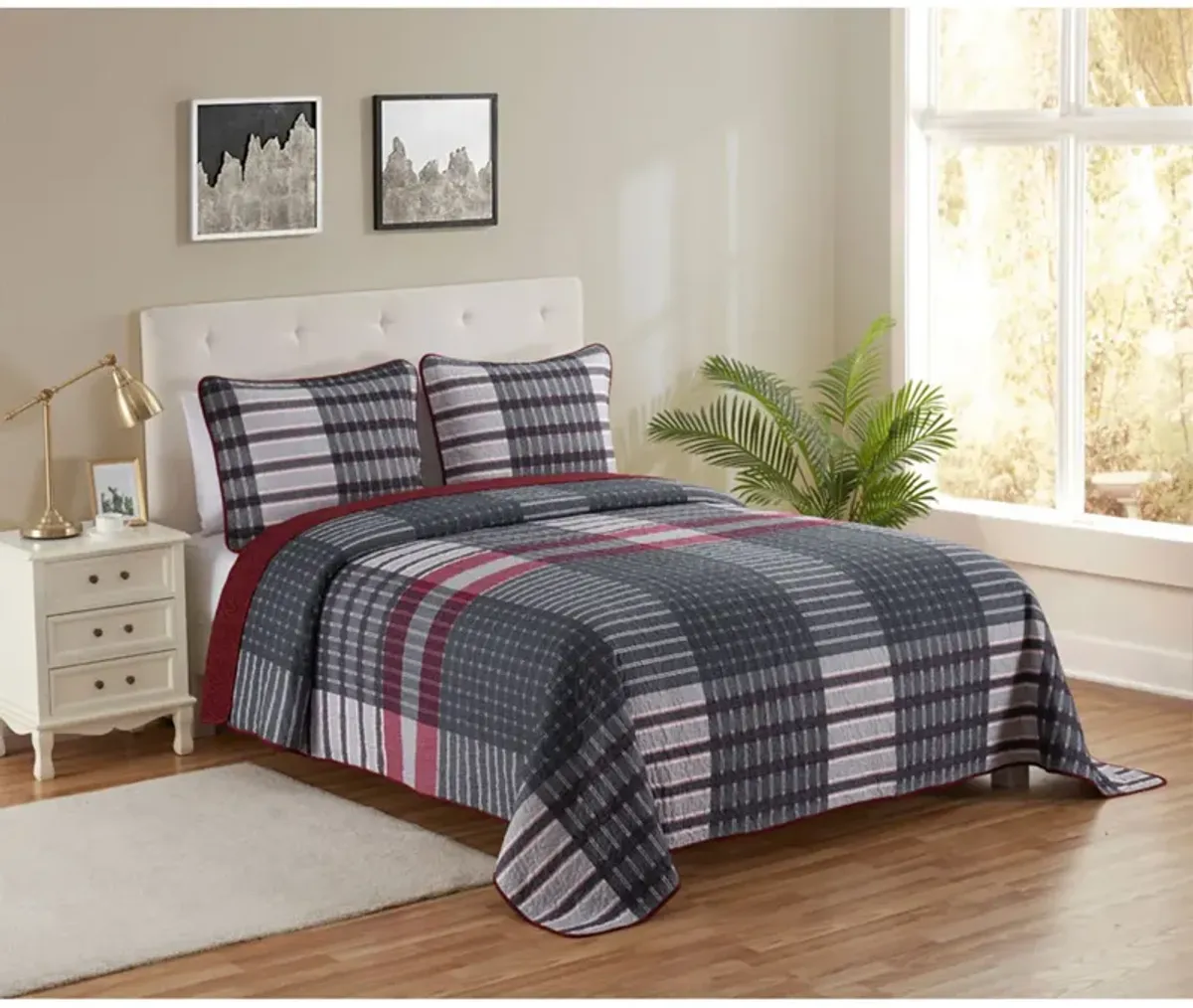 Legacy Decor 3 PCS Quilt Reversible Bedspread Coverlet  Patchwork Design Ultra Soft Microfiber Oversized Full Size