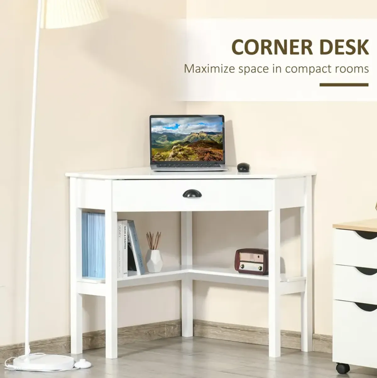 White Compact Desk: Small Corner Workstation with Drawer and Shelves