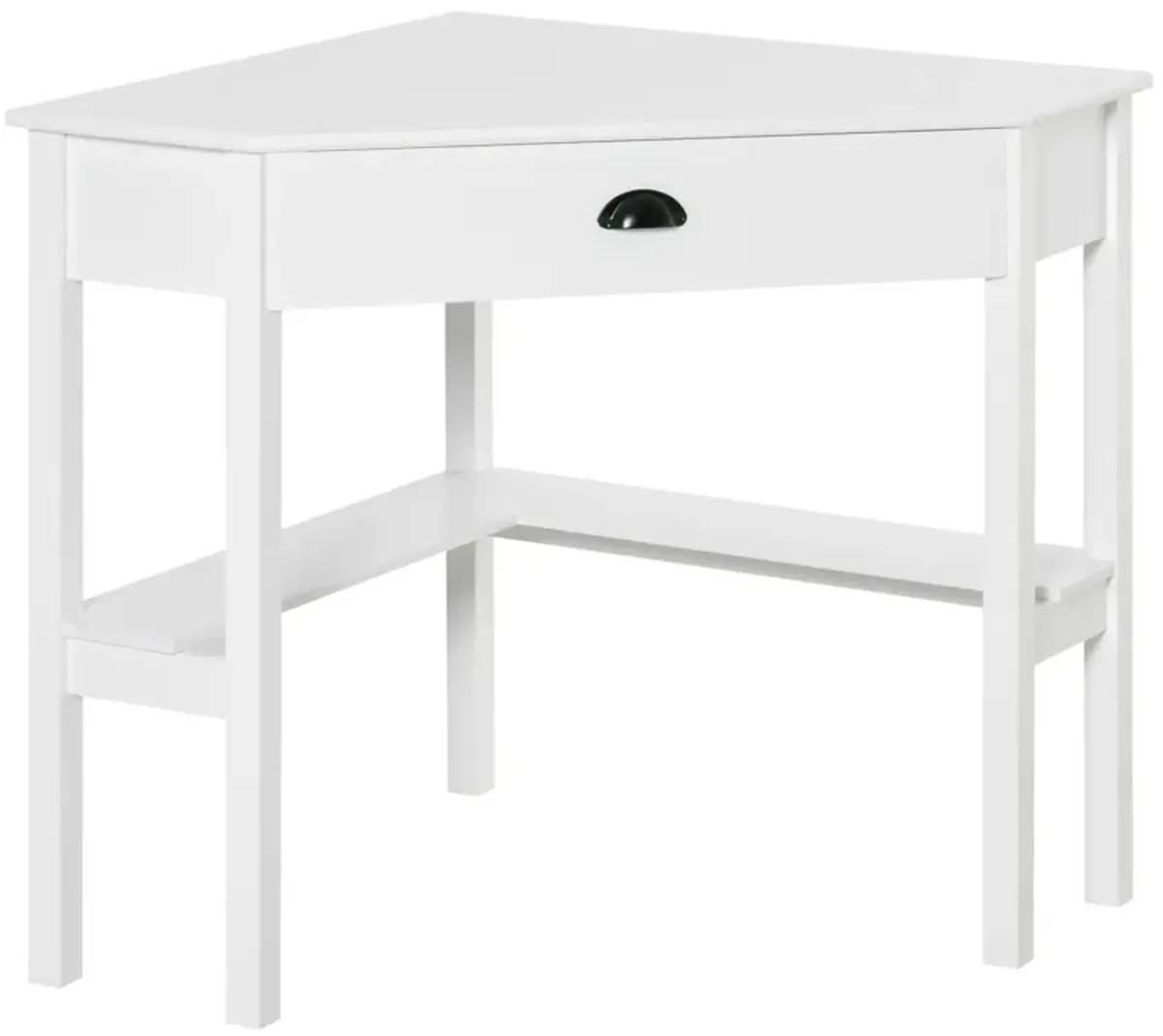 White Compact Desk: Small Corner Workstation with Drawer and Shelves